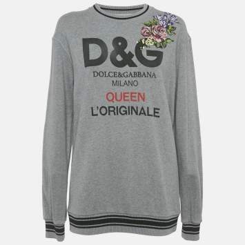 Dolce & Gabbana Grey Logo Print Cotton Floral Patch Detail Sweatshirt S