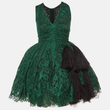 Pre Owned Dolce & Gabbana Green Lace Bow Detail Flared Mini Dress S
