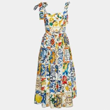 Dolce & Gabbana White/Multicolor Majolica Print Poplin Zip-Up Midi Dress S