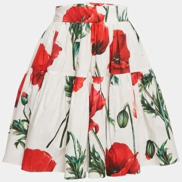 Dolce & Gabbana White Poppy Print Cotton Mini Skirt L