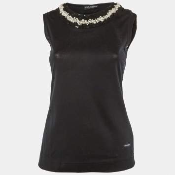 Pre Owned Dolce & Gabbana Black Cotton Knit Embellished Neck T-Shirt M