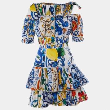 Pre Owned Dolce & Gabbana Multicolor Printed Cotton Crop Top & Tiered Skirt Set XS