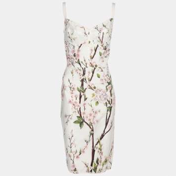 Pre Owned Dolce & Gabbana White Floral Cotton Bustier Midi Dress M