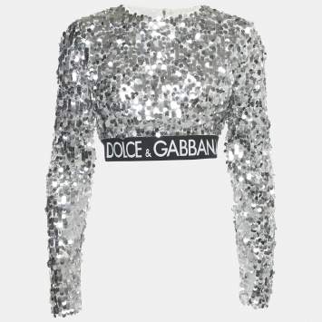 Pre Owned Dolce & Gabbana Silver Sequin Tulle Logo Trim Detail Crop Top M