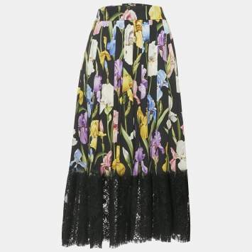Pre Owned Dolce & Gabbana Black Floral Print Silk & Lace Trim Midi Skirt M