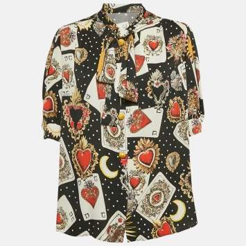 Pre Owned Dolce & Gabbana Black Card Print Silk Neck Tie-up Blouse L