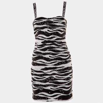 Pre Owned Dolce & Gabbana Monochrome Zebra Pattern Sequined Mini Dress S