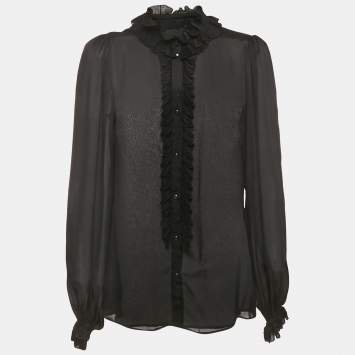 Pre Owned Dolce & Gabbana Black Silk Frill Detail Sheer Blouse M