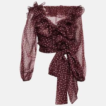 Pre Owned Dolce & Gabbana Burgundy Polka Dot Print Organza Silk Ruffled Wrap Top S