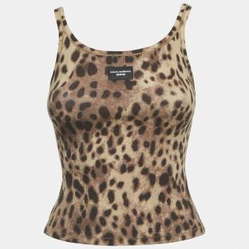 Pre Owned Dolce & Gabbana x Skims Brown Leopard Print Rib Knit Cropped Tank Top XS