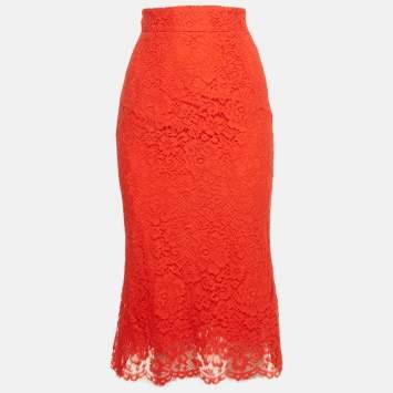 Pre Owned Dolce & Gabbana Red Lace Midi Skirt XS