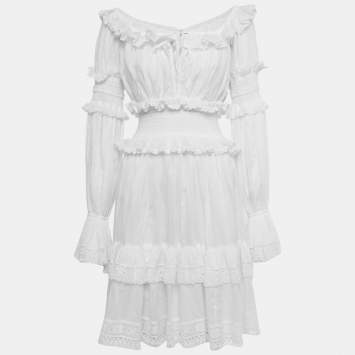 Pre Owned Dolce & Gabbana White Lace Trim Cotton Ruffled Short Dress S