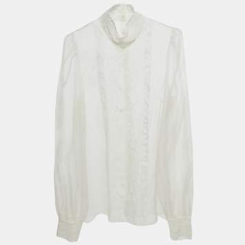 Pre Owned Dolce & Gabbana White Sheer Silk Lace Trimmed Blouse M
