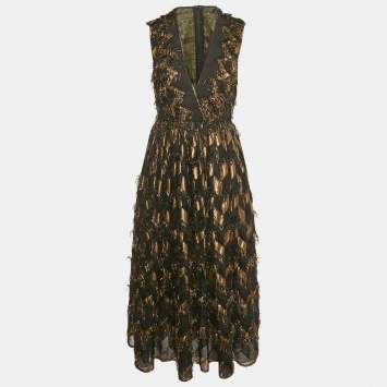 Pre Owned Dolce & Gabbana Black Silk Blend and Lurex Fringe Detail Long Dress M