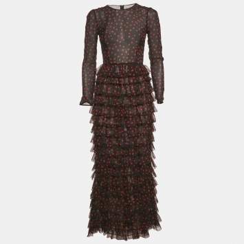 Pre Owned Dolce & Gabbana Black Polka Dots Silk Tiered Maxi Dress S