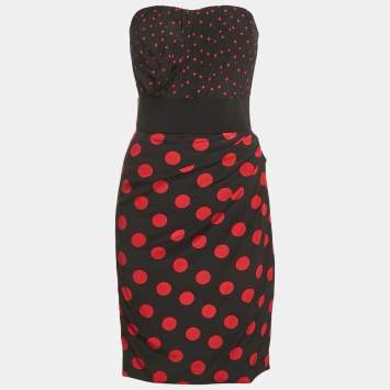 Pre Owned Dolce & Gabbana Black Polka Dots Print Silk Strapless Mini Dress M