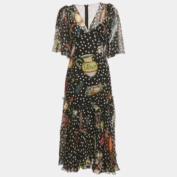 Pre Owned Dolce & Gabbana Black Printed Silk Ruffled Asymmetric Long Dress L