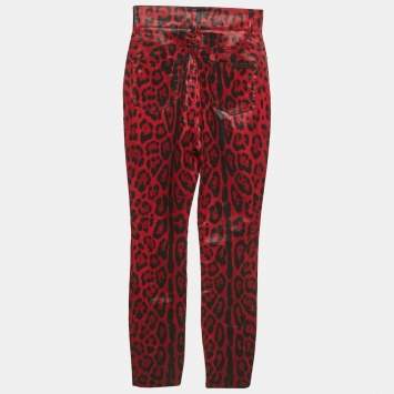 Pre Owned Dolce & Gabbana Red Leopard Print Cotton Drill Jeans S Waist 26"