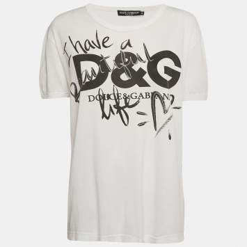 Pre Owned Dolce & Gabbana White Beautiful Life Logo Print Cotton T-Shirt M