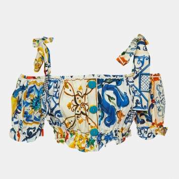 Pre Owned Dolce & Gabbana Blue Majolica Print Cotton Crop Top M