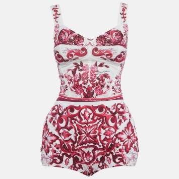 Pre Owned Dolce & Gabbana White Majolica Print Mesh Corset Top & Cotton Shorts Set XS/S 