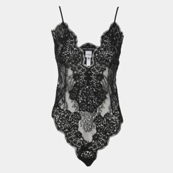 Pre Owned Dolce & Gabbana Black Lace Logo Bodysuit M