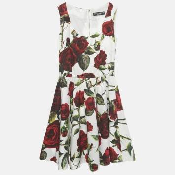 Pre Owned Dolce & Gabbana White Rose Print Poplin Mini Dress XS