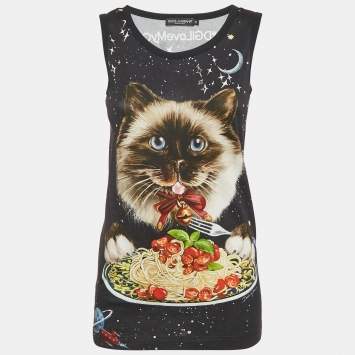 Pre Owned Dolce & Gabbana Navy Blue Spaghetti Cat Print Jersey Tank Top XS