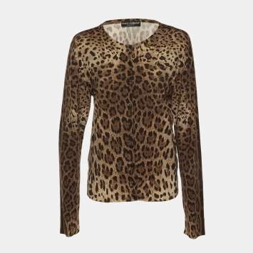 Pre Owned Dolce & Gabbana Brown Leopard Print Wool Knit Cardigan XL
