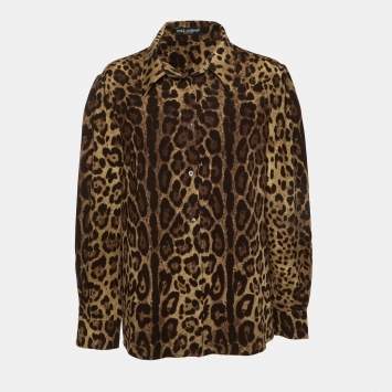 Pre Owned Dolce & Gabbana Brown Animal Print Silk Shirt Blouse XL