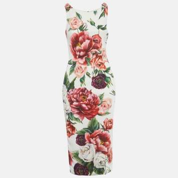Pre Owned Dolce & Gabbana White Rose Print Crepe Short Dress S