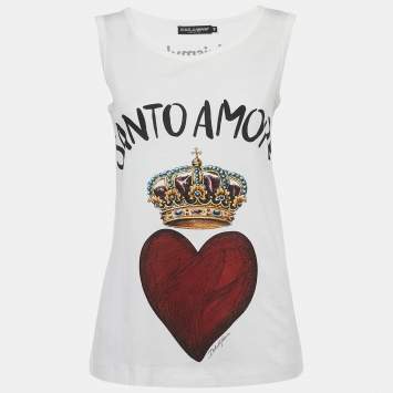 Pre Owned Dolce & Gabbana White Printed Cotton Knit Tank Top M