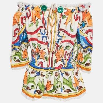 Pre Owned Dolce & Gabbana Multicolor Majolica Print Cotton Smocked Off -Shoulder Top L