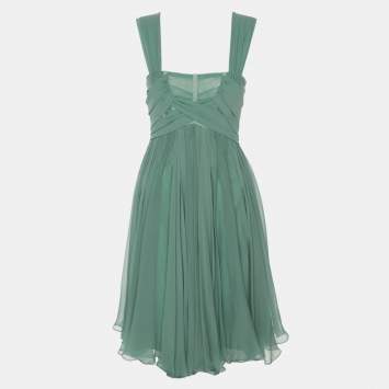 Pre Owned Dolce & Gabbana Green Pleated Chiffon Midi Dress S