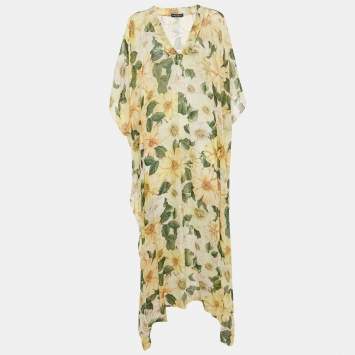 Pre Owned Dolce & Gabbana Multicolor Camellia Print Silk Kaftan Dress M