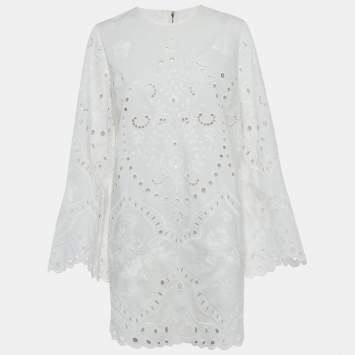 Pre Owned Dolce & Gabbana White Anglaise Broderie Cotton Mini Dress M