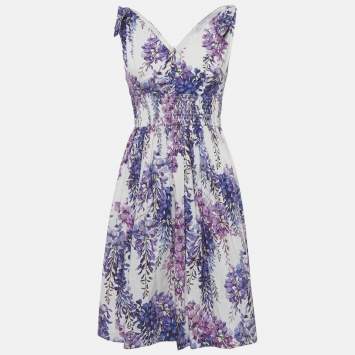 Pre Owned Dolce & Gabbana White Floral Print Cotton Tie UP Wisteria Mini Dress S