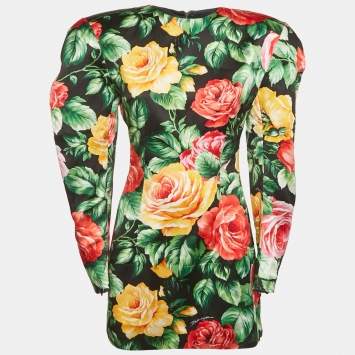 Pre Owned Dolce & Gabbana Black Floral Print Satin Puff Sleeve Mini Dress S
