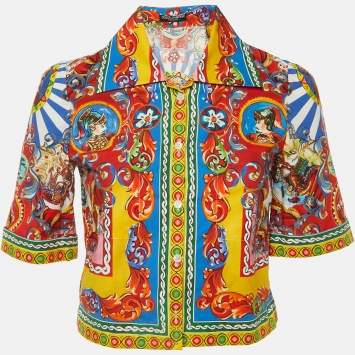 Pre Owned Dolce & Gabbana Multicolor Carretto Siciliano Print Cotton Cropped Shirt S