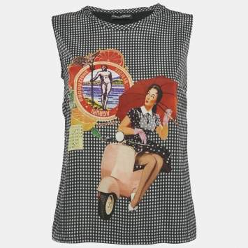 Pre Owned Dolce & Gabbana Black/White Gingham Crepe Sleeveless Top M