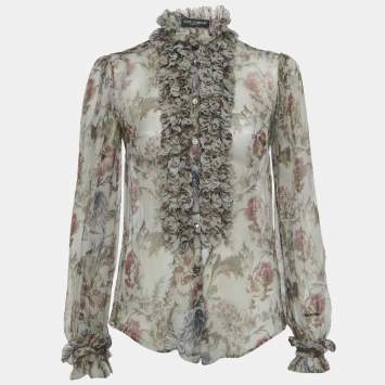 Pre Owned Dolce & Gabbana Grey Floral Print Silk Ruche Shirt XS