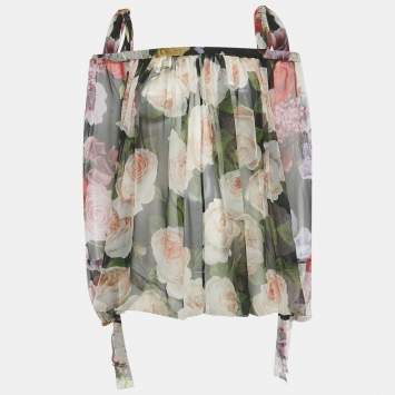 Pre Owned Dolce & Gabbana Black Sheer Floral Print Silk Tie Up Blouse S  