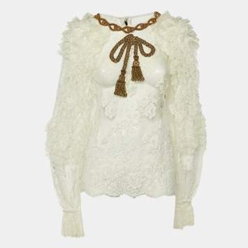 Pre Owned Dolce & Gabbana White Lace Rope Embellished Sheer Top L