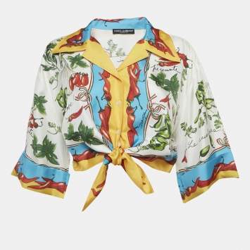 Pre Owned Dolce & Gabbana Multicolor Printed Silk Tie -Up Front Blouse M