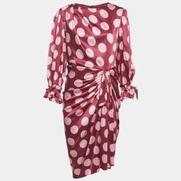 Pre Owned Dolce & Gabbana Burgundy Polka Dot Silk Wrap Detail Midi Dress L 