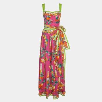 Pre Owned Dolce & Gabbana Multicolor Tropical Fruit Print Cotton Belted Maxi Dress M
