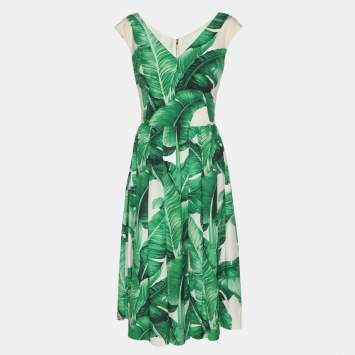 Pre Owned Dolce & Gabbana Banana Leaf Print Cotton Poplin Dress M