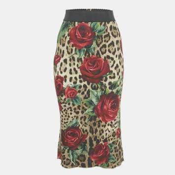 Pre Owned Dolce & Gabbana Brown Animal & Floral Print Crepe Midi Skirt XS