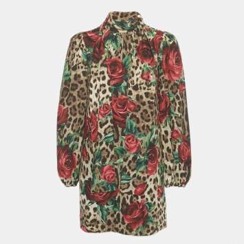 Pre Owned Dolce & Gabbana Brown Leopard & Rose Print Silk Mini Dress XS  