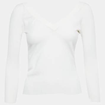 Pre Owned Dolce & Gabbana White Knit V-Neck Crop Sweatshirt S
